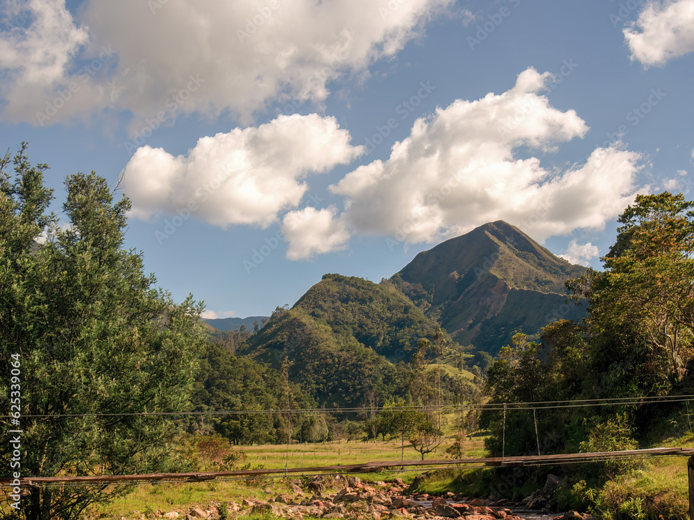Fototapeta premium A rustic fragile wooden bridge over the El Valle river near the town of Arcabuco, in the eastern Andean mountains of central Colombia.