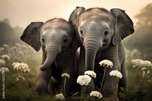 two cute little baby elephants. ai generative