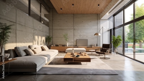 spacious villa interior cement wall effect