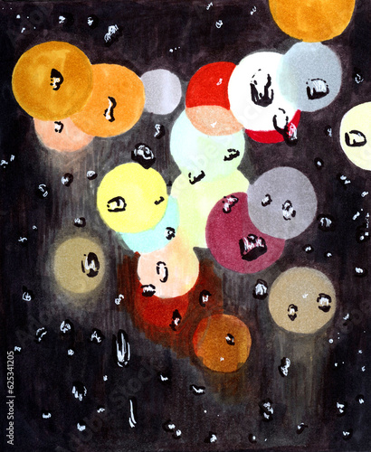 Bokeh Effect Bright Lights on a Black Background at Night Hand Drawing Illustration