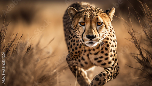 Majestic cheetah walking in the savannah, staring into the sunset generated by AI