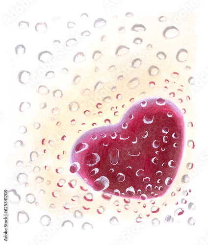 Soft heart behind wet glass window with raindrops