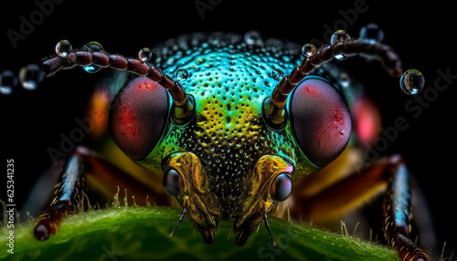 Spooky housefly portrait: hairy, multi colored, sharp focus on foreground generated by AI
