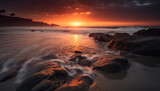 Tranquil sunset over rocky coastline, reflecting beauty in nature landscape generated by AI