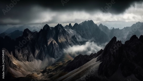 Majestic mountain range, panoramic landscape, extreme terrain, tranquil scene generated by AI