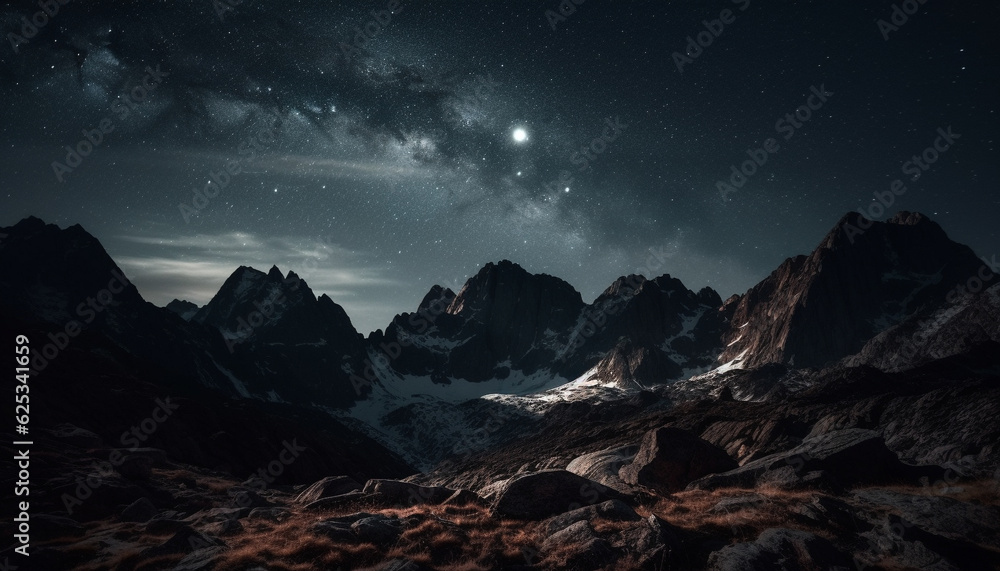 Majestic mountain range in dark night sky, Milky Way galaxy shines generated by AI