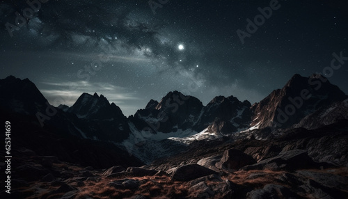 Majestic mountain range in dark night sky, Milky Way galaxy shines generated by AI © djvstock