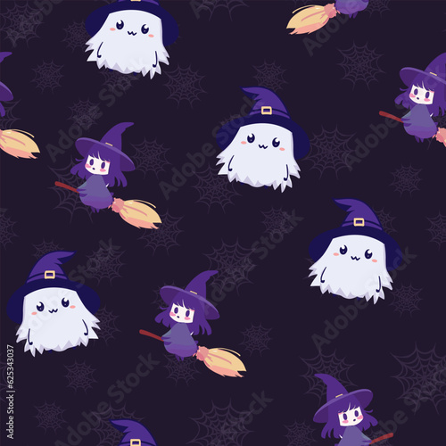 Cute Halloween seamles pattern with various horor and spooky element for fabric design, background, template, layout, print paper.