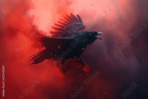 concept art of a black raven flying in a red smoke