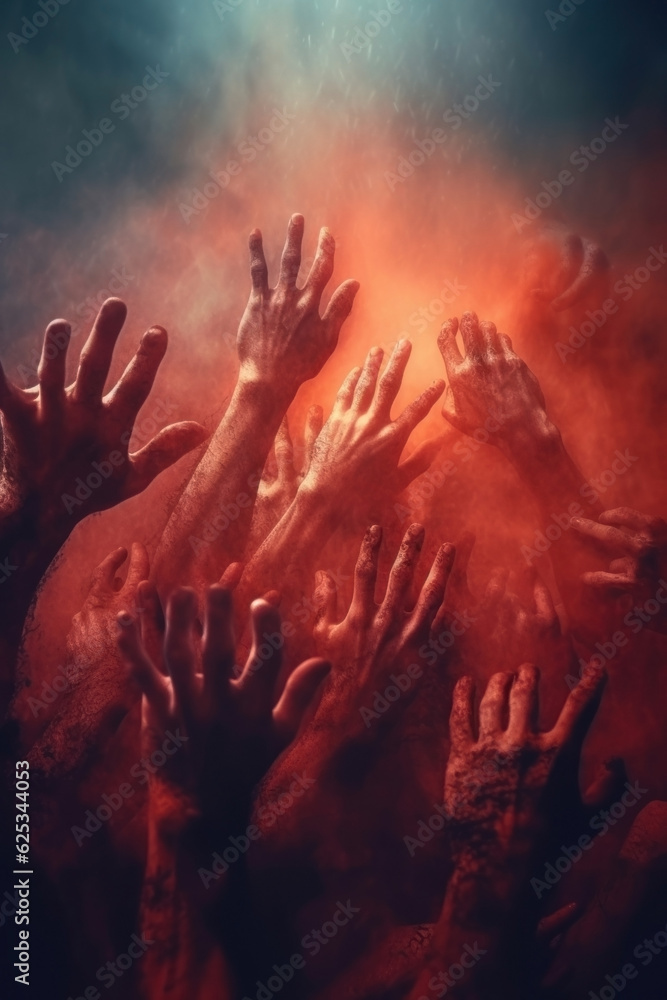 several people in the purgatory reaching up for help. red mist. red fog. red smoke. several people in the purgatory reaching up for help. red mist. red fog. red smoke.