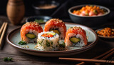 Fresh seafood meal on plate with chopsticks, rolled up sushi generated by AI