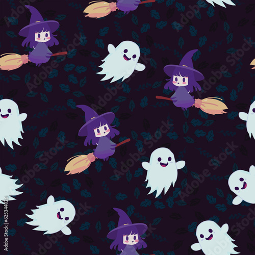 Cute Halloween seamles pattern with various horor and spooky element for fabric design, background, template, layout, print paper.