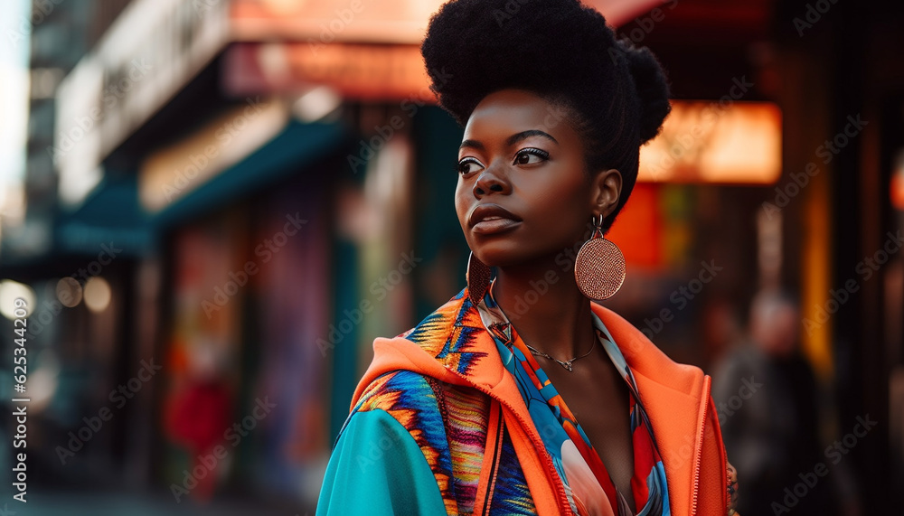 Young African American woman standing outdoors, looking at camera with confidence generated by AI Young African American woman standing outdoors, looking at camera with confidence generated by AI