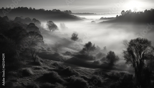 Tranquil scene of a foggy mountain range at dawn generated by AI © djvstock