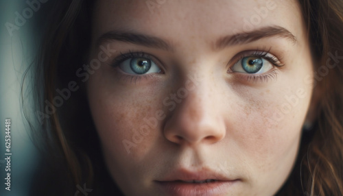 Cute young girl with blue eyes staring outdoors, smiling joyfully generated by AI © djvstock