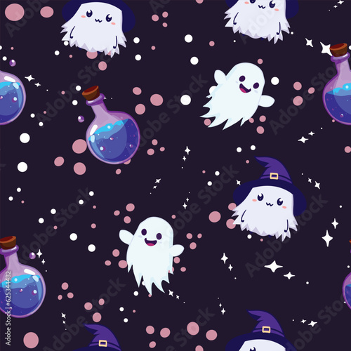 Cute Halloween seamles pattern with various horor and spooky element for fabric design, background, template, layout, print paper.