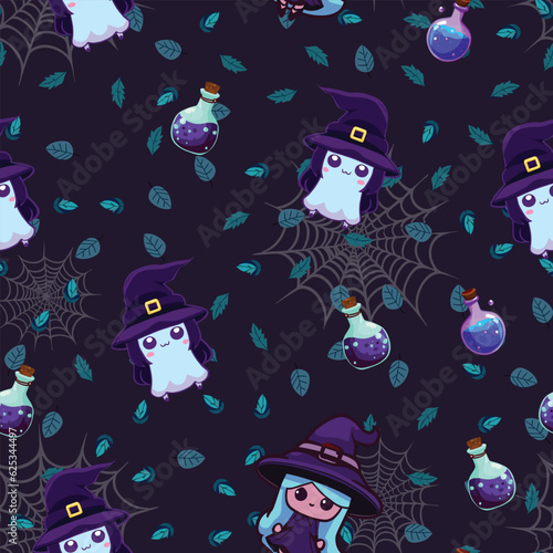 Cute Halloween seamles pattern with various horor and spooky element for fabric design, background, template, layout, print paper.