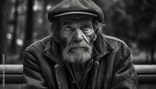 Old man with gray hair and beard sitting outdoors, looking sad generated by AI