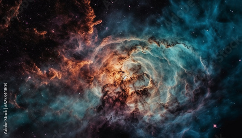 Abstract galaxy landscape with exploding supernova and orbiting satellite generated by AI