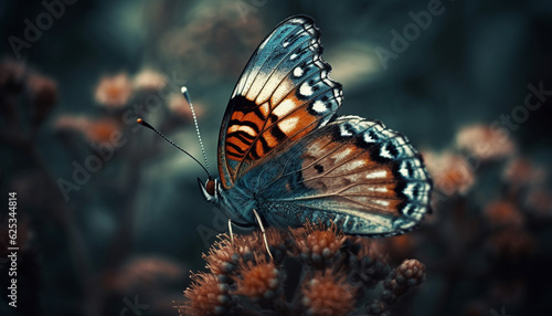 Vibrant butterfly in nature elegance, pollinating a spotted flower generated by AI