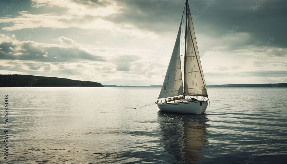 Sailing yacht glides on tranquil waves, two men enjoy adventure generated by AI