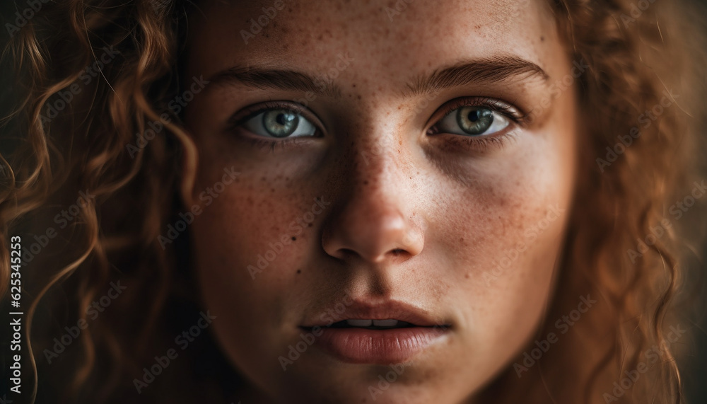 Cute young adult with curly brown hair smiling outdoors confidently generated by AI Cute young adult with curly brown hair smiling outdoors confidently generated by AI