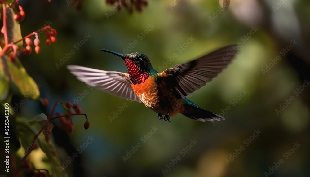 Fototapeta premium Multi colored hummingbird hovers mid air, spreading iridescent wings for pollination generated by AI