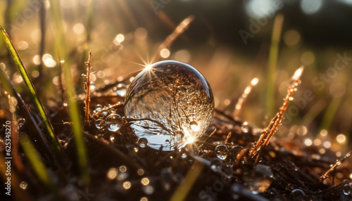 Fresh dew drops on green grass, reflecting sunlight in nature generated by AI