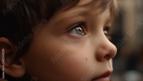 Cute toddler boy with brown eyes looking up, full of curiosity generated by AI