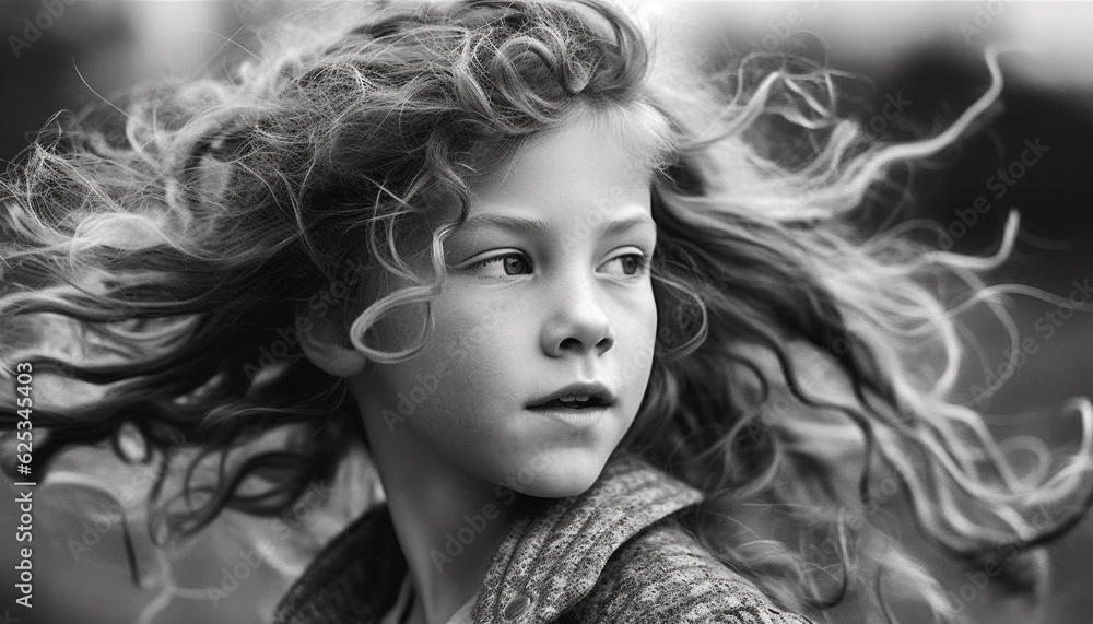 Cute young woman with long curly brown hair enjoys nature generated by AI