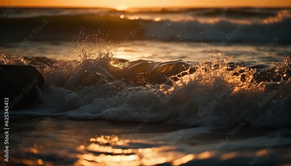 Fototapeta premium Tranquil seascape at dusk: waves breaking on golden coastline generated by AI