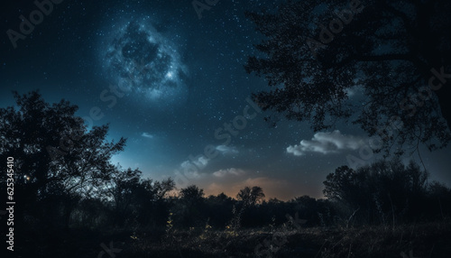 Silhouette of spooky tree against milky way star field mystery generated by AI