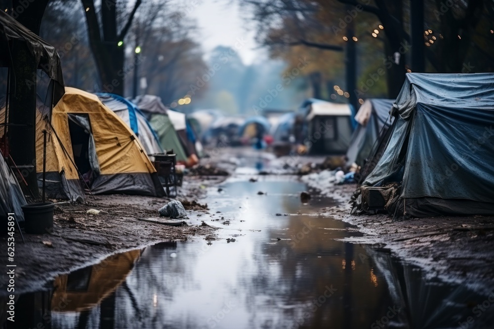 Refugee camp with tents. Background with selective focus and copy space