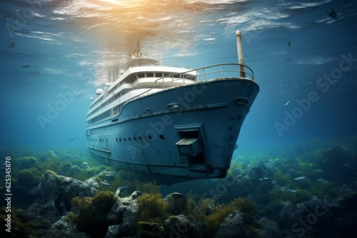 A ship at the bottom of the sea or ocean. Background with selective focus. AI generated, human enhanced photo