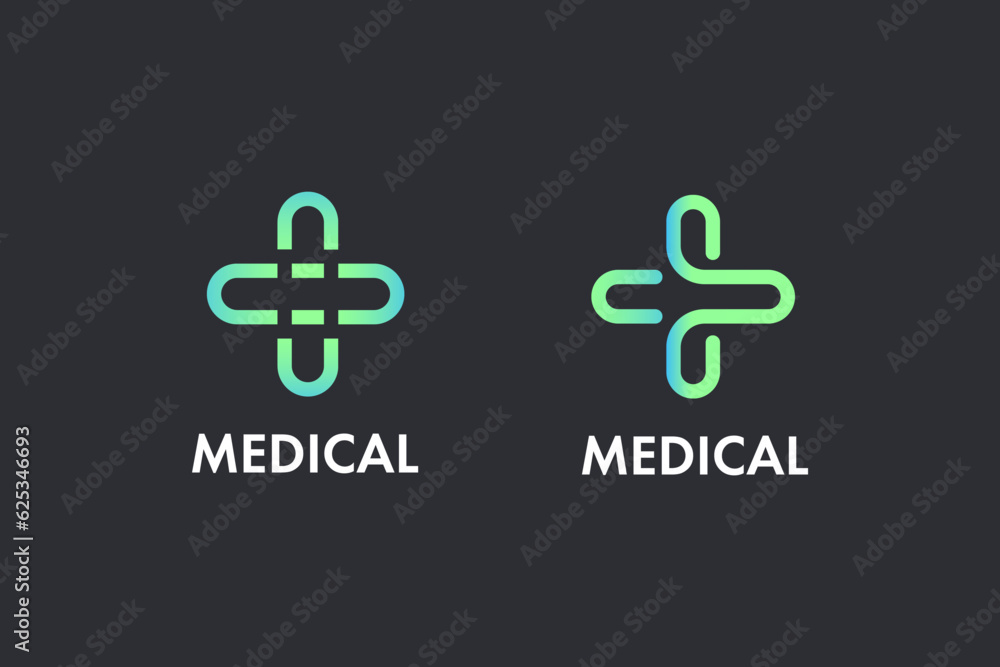 Obraz premium Modern Healthcare Medical Logo. Blue and Green Geometric Linear Rounded Cross Sign Health Icon Infinity Style isolated on Dark Background. Flat Vector Logo Design Template Element.