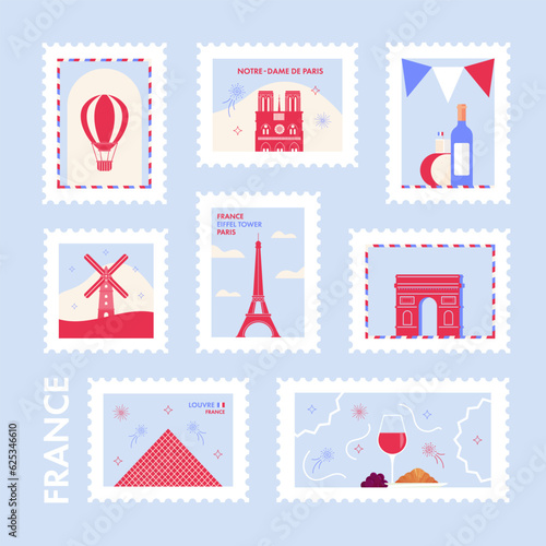Set of vintage postage stamps Paris, France vector postcard. Travel to France Eiffel Tower, Seine, Arc de Triomphe, city view