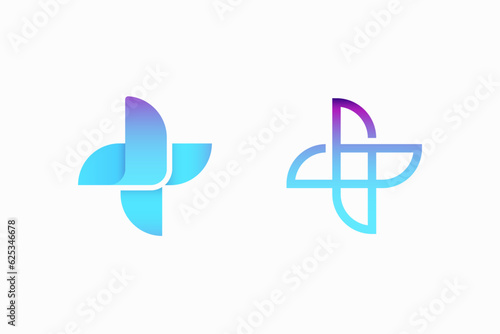 Modern medical logo. Blue and purple geometric linear rounded cross. Health sign. Infinity icon. Style isolated on light background. Flat vector logo template element.