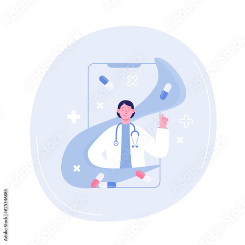smartphone screen with female therapist chatting in messenger and online consultation. Vector flat illustration. Ask a doctor. Online medical consultation, telemedicine, cardiology