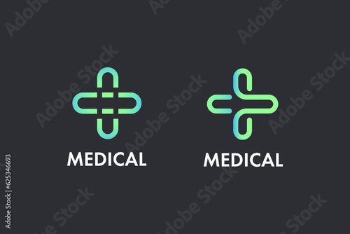 Modern Healthcare Medical Logo. Blue and Green Geometric Linear Rounded Cross Sign Health Icon Infinity Style isolated on Dark Background. Flat Vector Logo Design Template Element.