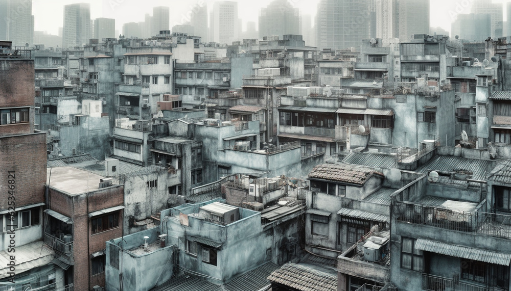 Dirty city skyline, crowded streets, old buildings, air pollution generated by AI