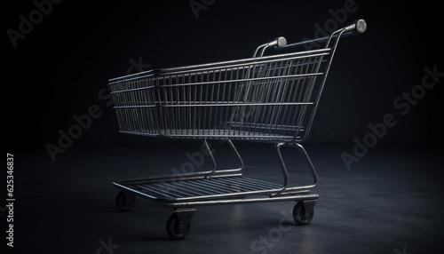 Empty shopping cart with metallic chrome wheel on black background generated by AI