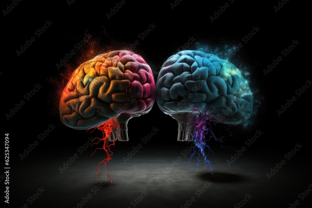 Concept of Two creative brains, red brain, blue brain, right hemisphere, left hemisphere, right brain, left brain, Creative multiple colors brain hemispheres, neural connections, brain neuropsychology Concept of Two creative brains, red brain, blue brain, right hemisphere, left hemisphere, right brain, left brain, Creative multiple colors brain hemispheres, neural connections, brain neuropsychology