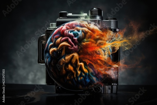 Colorful camera and brain exlosion, brain dust, brain, camera, colorful, snap, creativity, colored, explosion, educational research, cognitive load, colorful painting, wellbeing, synapse brain, neuro photo