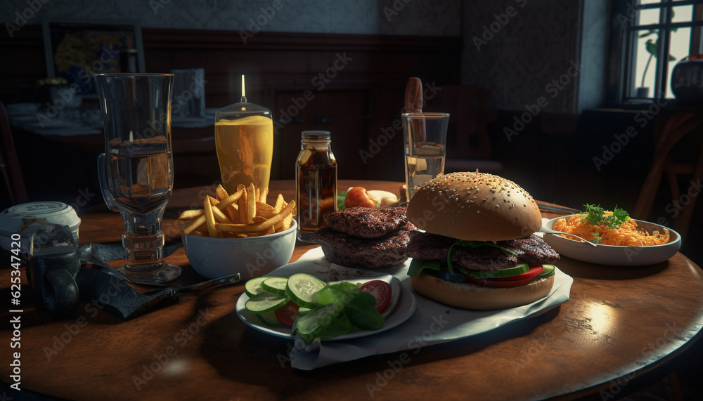 Gourmet cheeseburger on rustic wood table with fresh salad and fries generated by AI