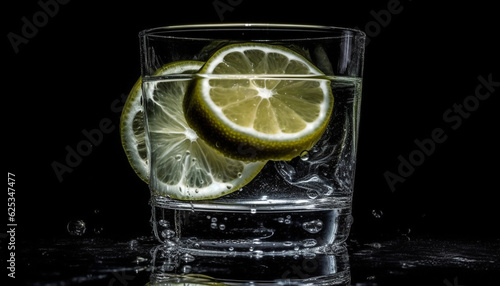 Glass of cold lemon soda with fresh citrus slice and ice generated by AI