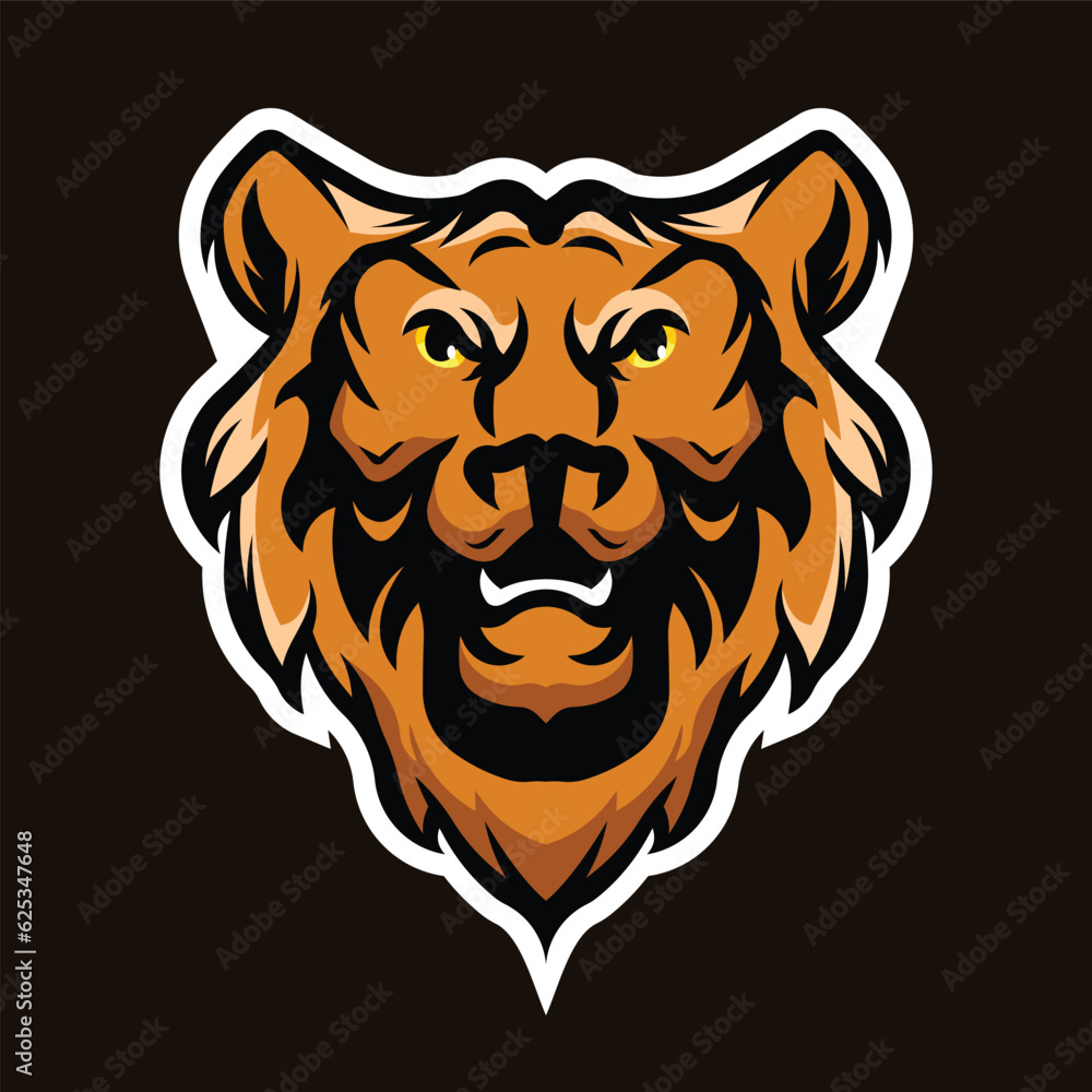 Lion head for sport team mascot. Wildcat lion predator for blazon, badge or hunting club. Vector graphics
