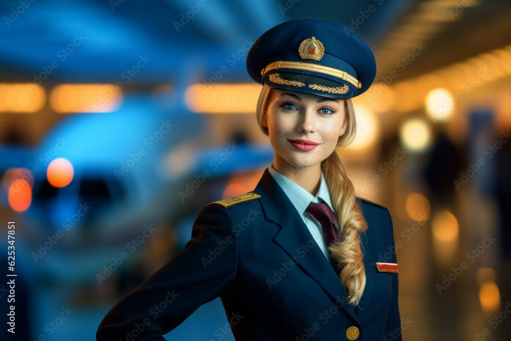 Stewardess. Background with selective focus. AI generated, human enhanced Stewardess. Background with selective focus. AI generated, human enhanced