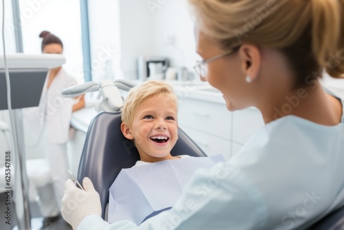 Child at the dentist. Portrait with selective focus and copy space