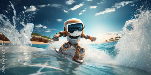 Robot on a futuristic surfboard. Vacation concept. Generative AI