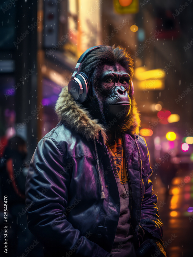 Anthropomorphic gorilla monkey wearing headphone, listening to music in downtown city street at night, urban underground retro style and charismatic human attitude